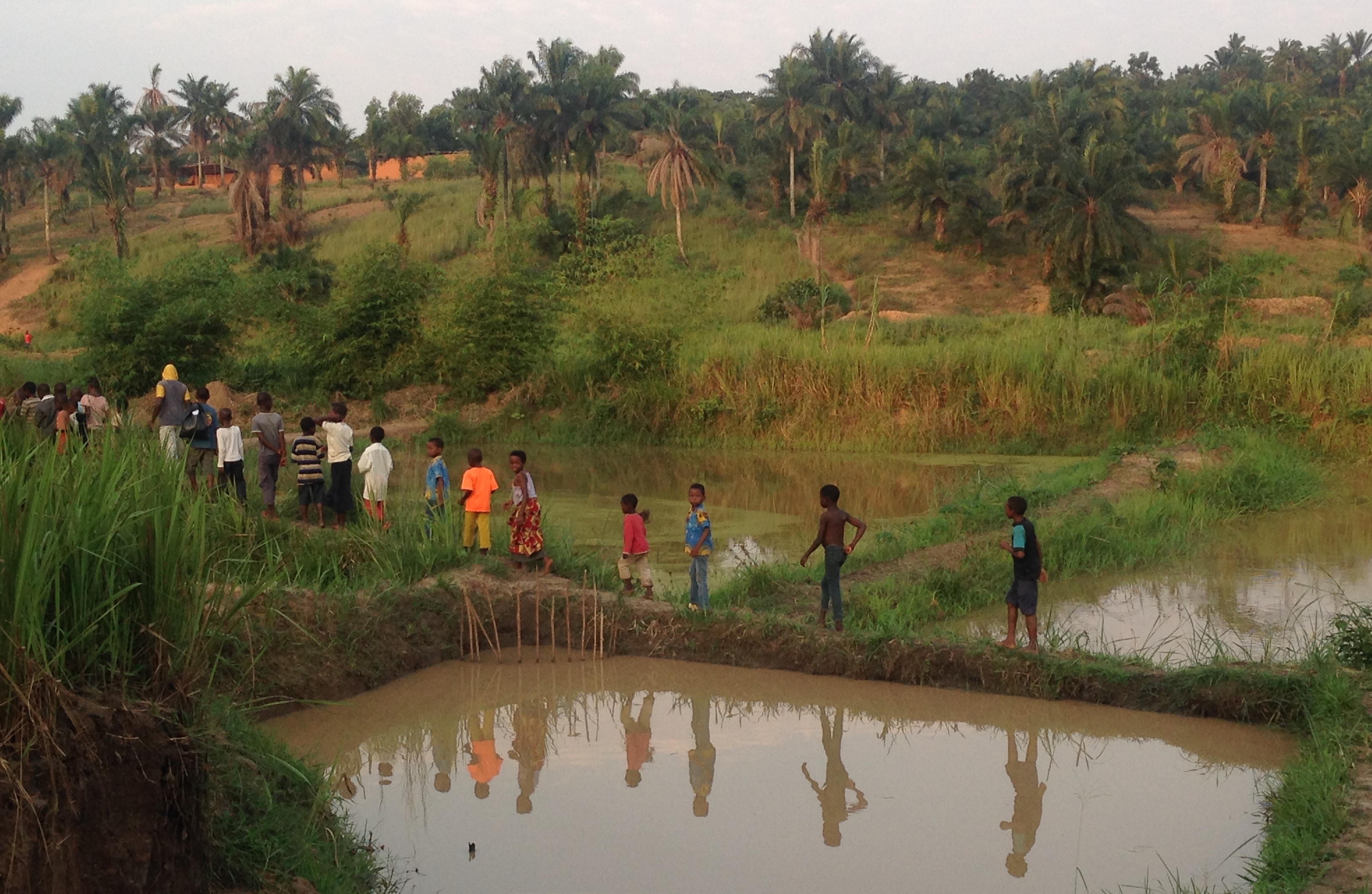 Children by a fish pond in the Kasaï region